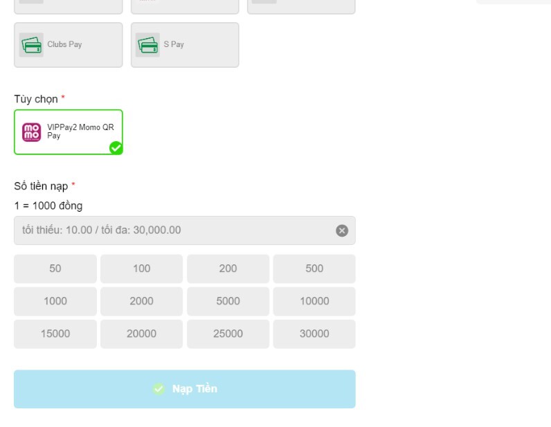 Nạp tiền qua Momo Pay